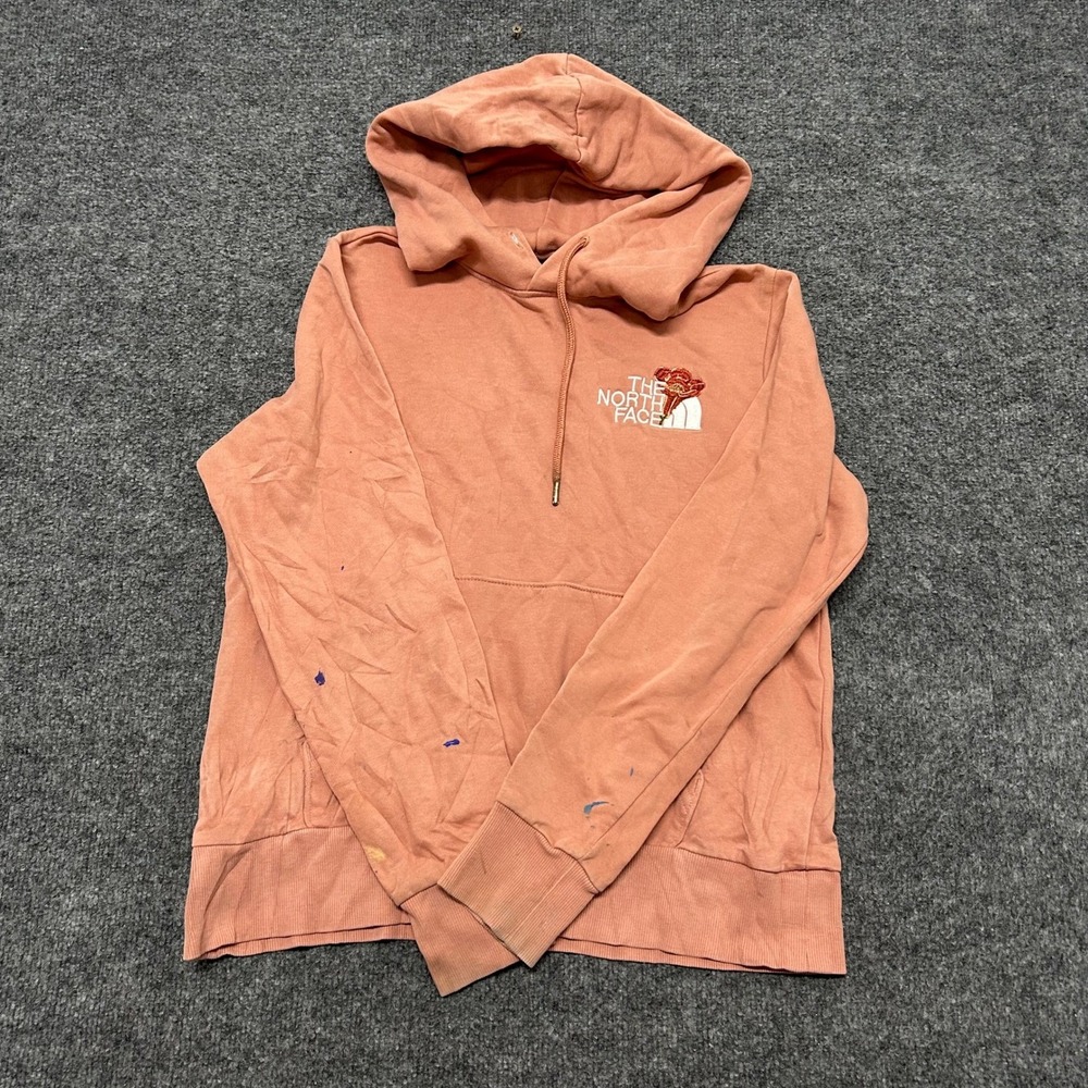 The North Face Hoodie Womens Size S Pink Floral Embroidered Pullover Stained